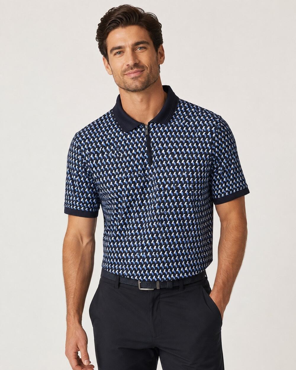 Men’s Golf Polo Shirt XL Navy Blue Geometric Quarter Zip Denim & Flower NWT